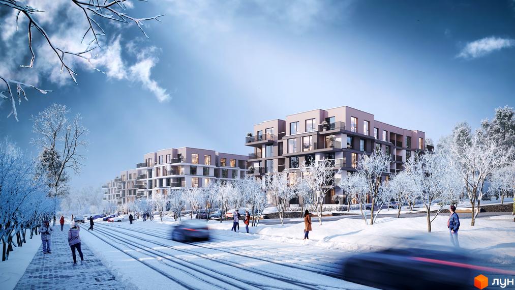 Житловий комплекс Варшавський deluxe у зимовому пейзажі з людьми на алеї та автомобілями на дорозі.