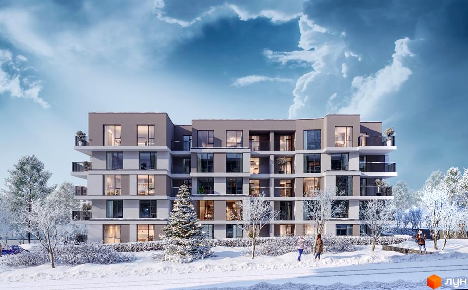 Житловий комплекс Варшавський deluxe взимку з засніженими деревами та людьми на фоні. Сучасна архітектура будинку з балконами та великими вікнами.