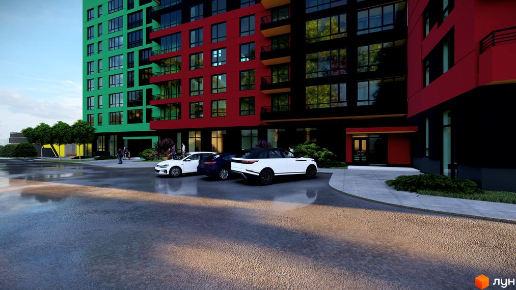 Зовнішній вигляд Новобудови Академічний: різнокольорові фасади та великі вікна. На передньому плані парковка з автомобілями.