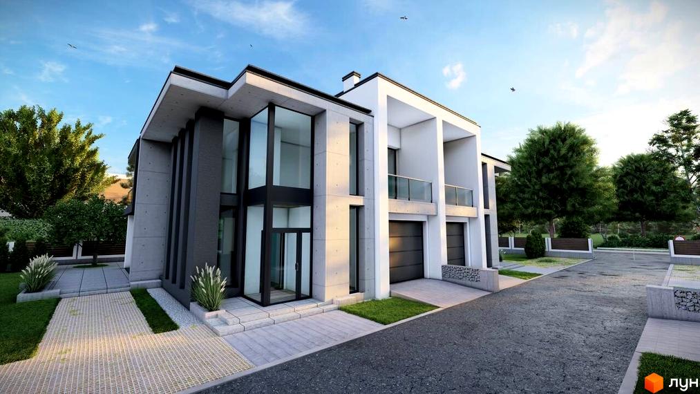 Сучасний двоповерховий будинок з великими вікнами та гаражем, оточений зеленим ландшафтом. Дуплекси HEG WOW HOUSE.