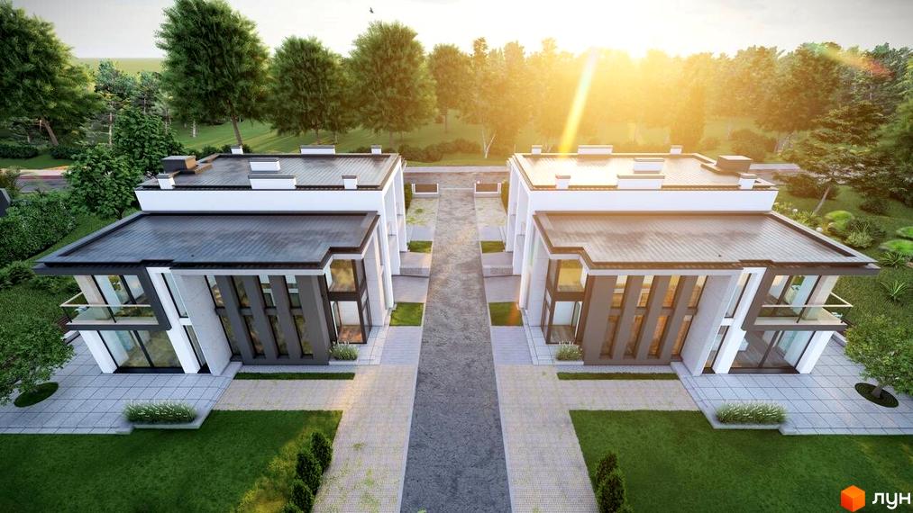 Два дуплекси HEG WOW HOUSE з пласкими дахами та великими вікнами, розташовані на доглянутій зеленій території з деревами.
