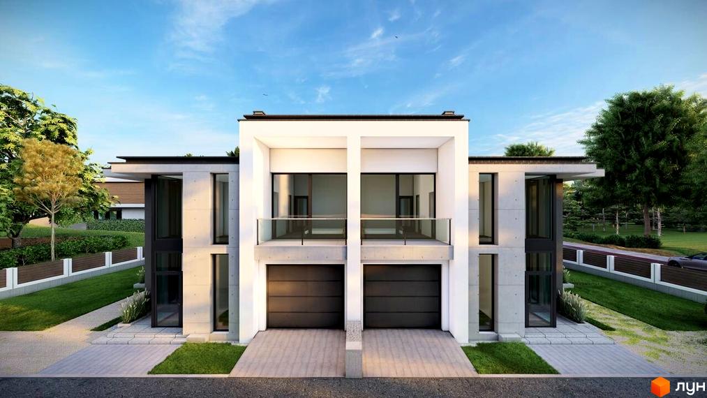 Сучасні дуплекси HEG WOW HOUSE з двома гаражами та скляними балконами, розташовані на доглянутій прибудинковій території з газоном та деревами.