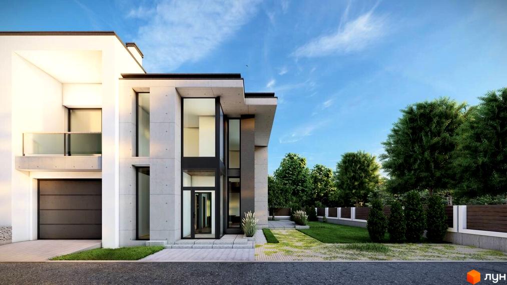 HEG WOW HOUSE дуплекси: сучасний будинок з великими вікнами та гаражем, доглянута прибудинкова територія з газоном та деревами.