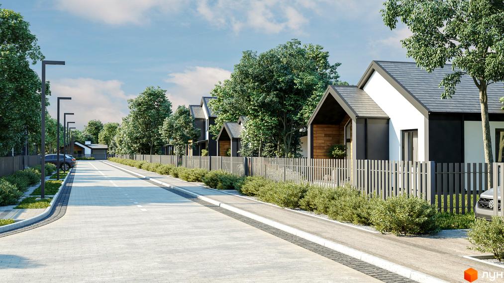 Котеджне містечко КМ Зелений Бульвар. Сучасні будинки з чорними та білими фасадами, сірими дахами та дерев'яними елементами. Озеленена територія з парканом та вуличним освітленням.