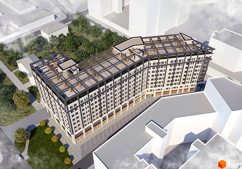 Зовнішній вигляд житлового комплексу на вул. Ливарна, 3, з багатоповерховими будинками та зеленою прибудинковою територією. На даху будівлі розташовані тераси з навісами.