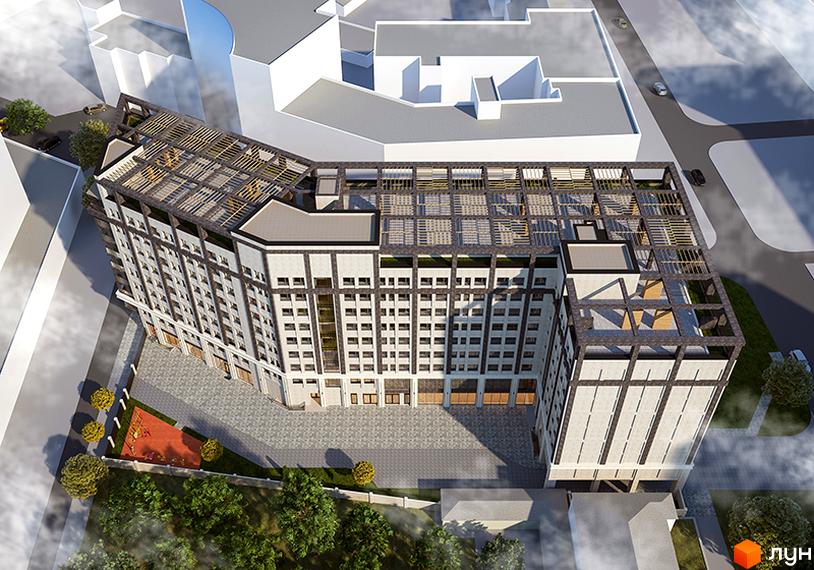 Будинок житлового комплексу на вулиці Ливарна, 3, з багатоповерховими фасадами та прибудинковою територією з дитячим майданчиком та деревами.