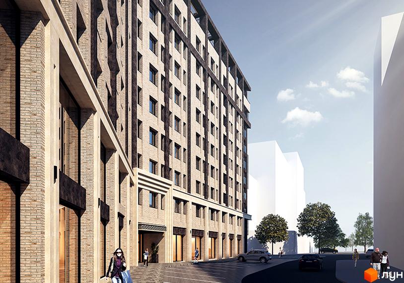 Фасад житлового комплексу на вулиці Ливарна, 3, з цегляним оздобленням та великими вікнами. Поруч розташована прибудинкова територія з деревами та пішохідною зоною.