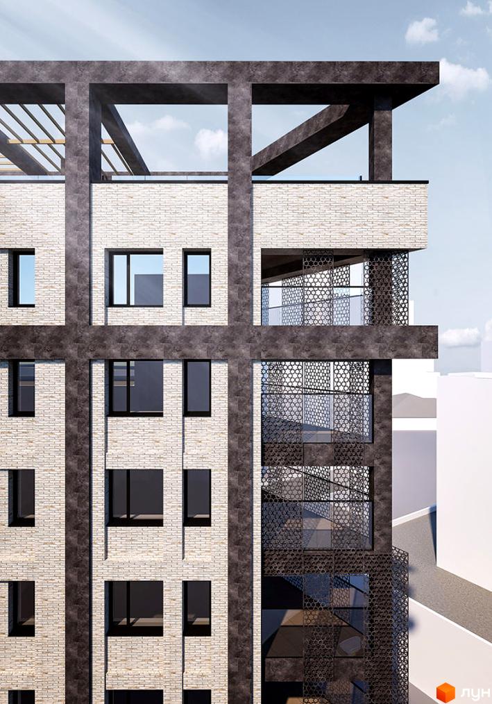 Фасад новобудови на вулиці Ливарна, 3 з білим цегляним оздобленням та темними бетонними елементами. На фото видно вікна та декоративні металеві панелі.