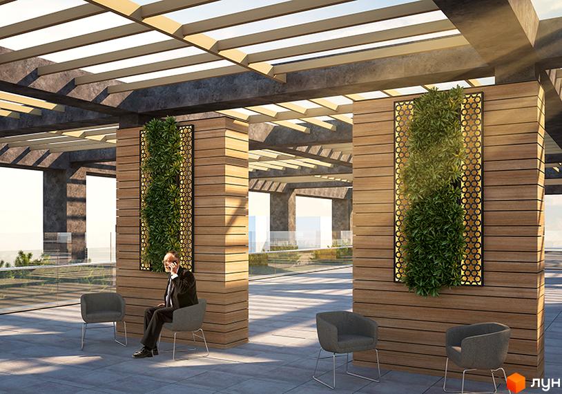 Зовнішній вигляд житлового комплексу на вулиці Ливарна, 3. Тераса з колонами, дерев'яним оздобленням та вертикальним озелененням, з місцями для відпочинку.