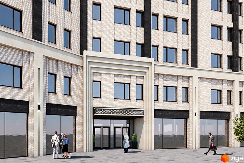 Фасад житлового комплексу Ливарна, 3 з цегляним оздобленням та великими вікнами. Біля входу до будинку розташовані люди та зелені насадження.