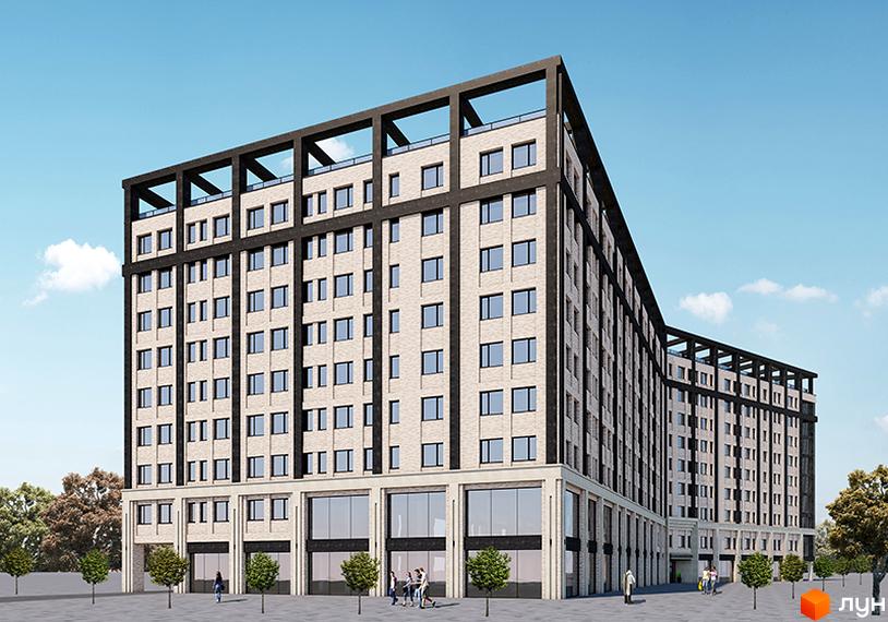 Зовнішній вигляд новобудови на вул. Ливарна, 3 з цегляним фасадом та великими вікнами. Навколо будинку розташовані дерева та пішохідна зона.