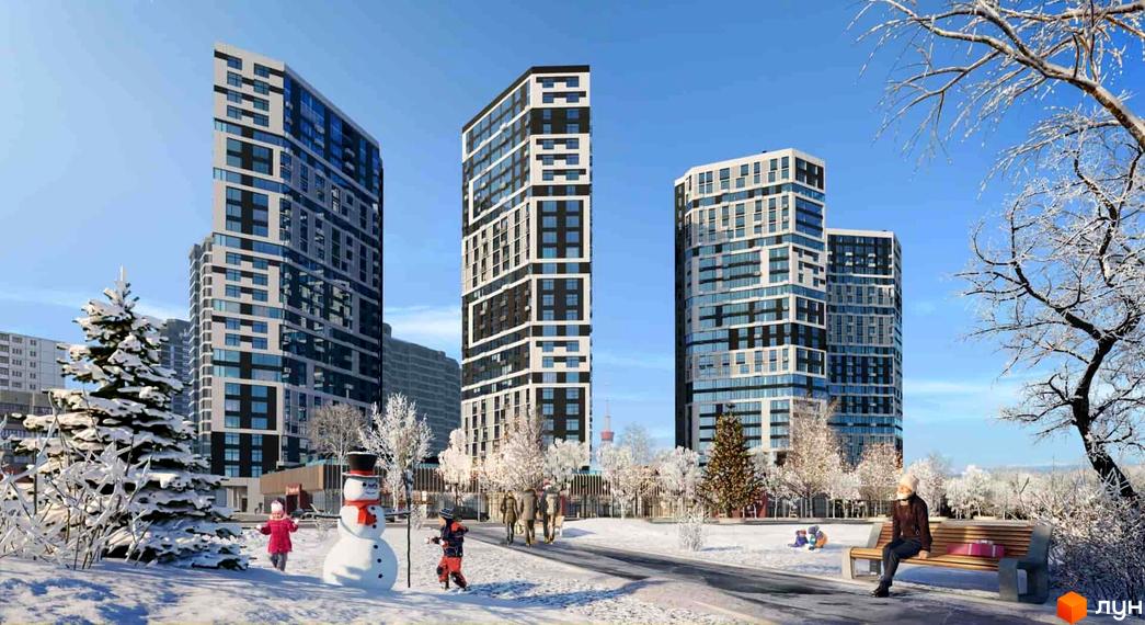 Зимовий пейзаж з багатоповерховими будинками Житлового комплексу Poetica. Перша колекція. Вигляд новобудови та прилеглої території взимку.