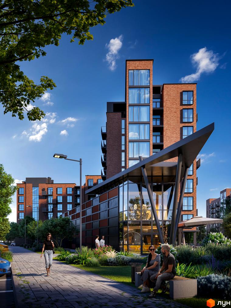 Житловий комплекс Royal Town: цегляні багатоповерхові будинки з панорамними вікнами та зелена прибудинкова територія з місцями для відпочинку.