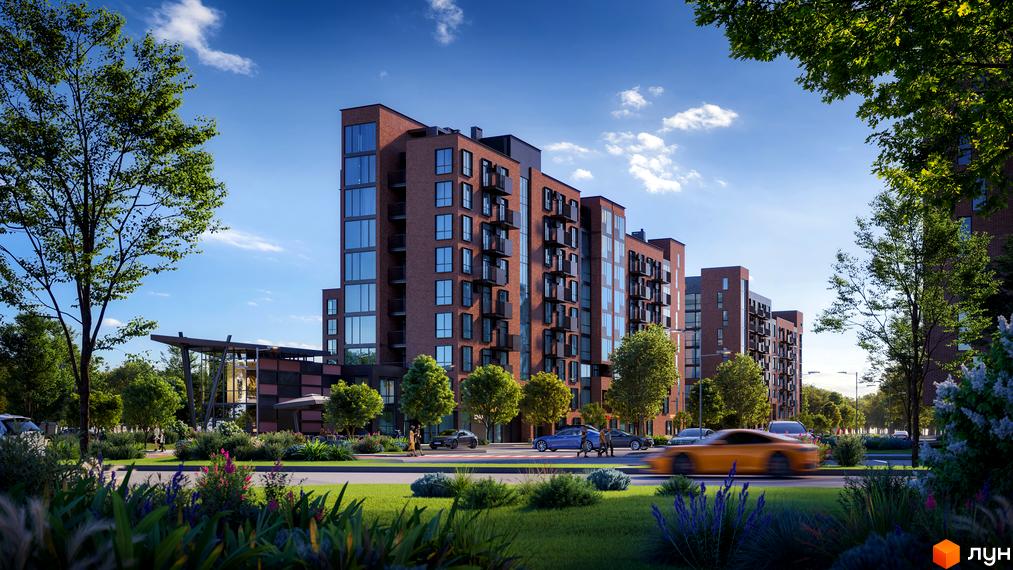 Житловий комплекс Royal Town - цегляні багатоповерхові будинки з великими вікнами та балконами. Навколо комплексу зелена зона з деревами та квітами, облаштована прибудинкова територія.