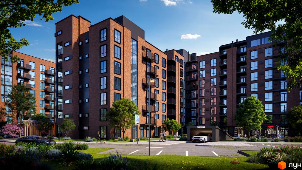 Житловий комплекс Royal Town з цегляними фасадами та балконами, зеленою прибудинковою територією та паркінгом.