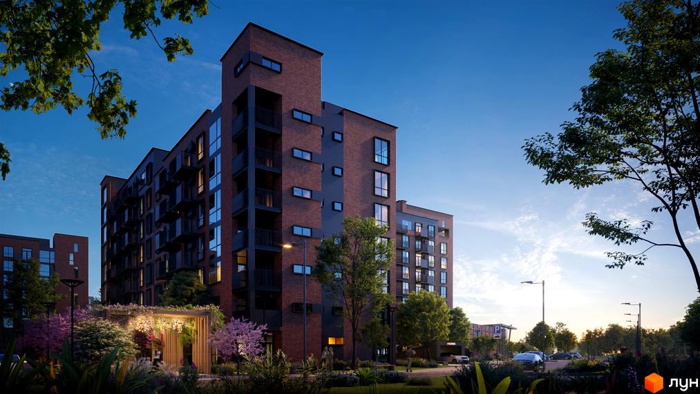 Житловий комплекс Royal Town з цегляним фасадом та балконами. На прибудинковій території розташовані дерева та квіткові клумби.