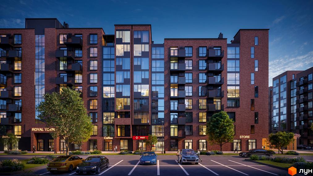 Новобудова Royal Town з цегляним фасадом та великими вікнами. Перед будинком парковка та зелена зона.