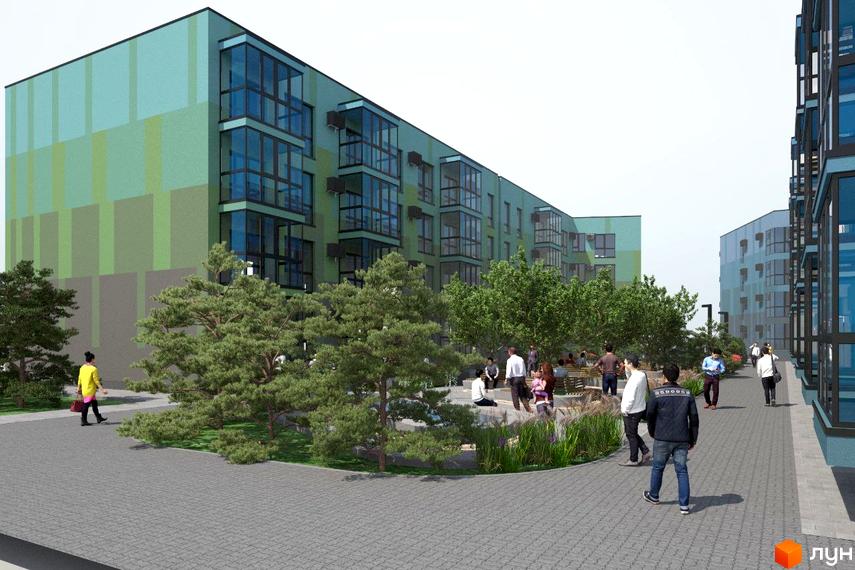 Зовнішній вигляд житлового комплексу Квітковий з зеленими фасадами та балконами, а також прибудинкова територія з деревами та людьми.