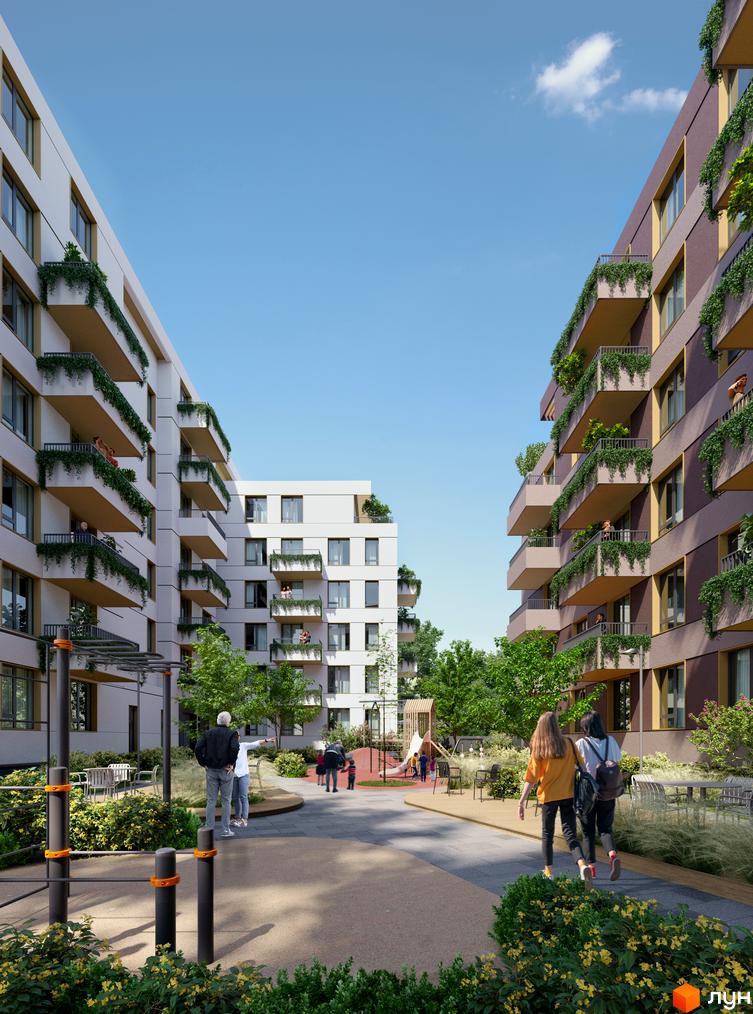 Житловий комплекс MHouse з фасадами, прикрашеними зеленню, та доглянутою прибудинковою територією з дитячим майданчиком.
