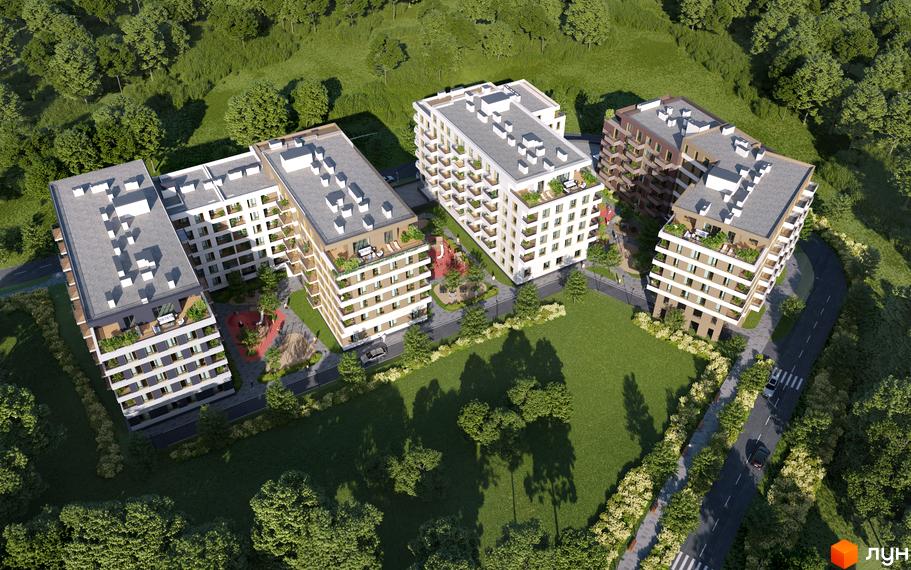 Зображення Житлового району MHouse з висоти пташиного польоту. На фото видно декілька будинків та зелену прибудинкову територію.