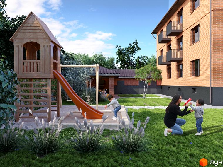 Клубний будинок „Проців-1 (Лазурний)“ з цегляним фасадом та дитячим майданчиком. На території комплексу зелена галявина, пісочниця та гірка.