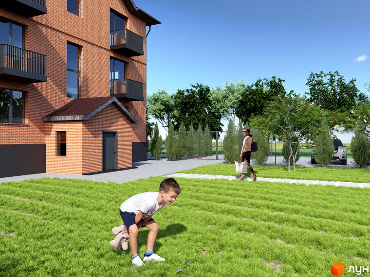 Клубний будинок „Проців-1 (Лазурний)“ з цегляним фасадом та балконами. Поруч дитячий майданчик та зелена зона з деревами.