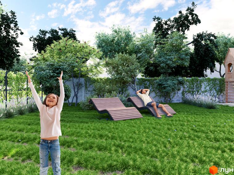 Клубний будинок „Проців-1 (Лазурний)“ з зеленою прибудинковою територією та місцями для відпочинку. Діти граються на траві, дорослі відпочивають на шезлонгах.