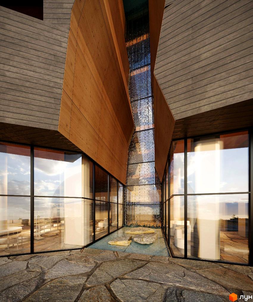 AL'PAKI: сучасний житловий комплекс з панорамними вікнами та внутрішнім водоспадом. Навколо будинку викладений кам'яний двір.