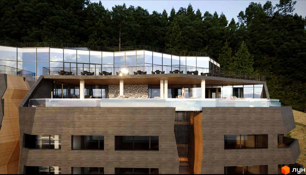 Сучасний житловий комплекс AL'PAKI з панорамним склінням та басейном на даху, розташований серед зелених лісів.