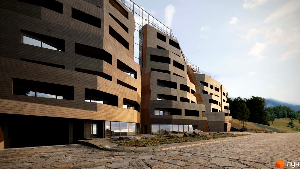 Екстер'єр житлового комплексу AL'PAKI з дерев'яним фасадом та нерівномірними вікнами. Навколо новобудови розташована бруківка та зелені насадження.