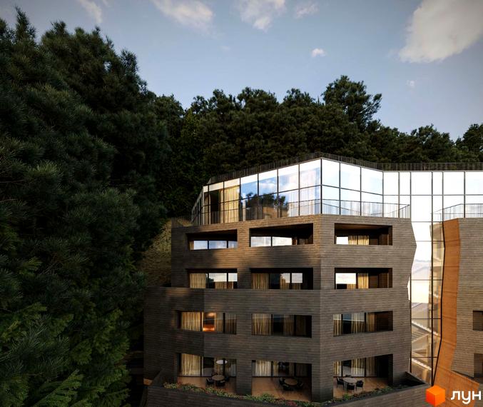 Сучасний житловий комплекс AL'PAKI з панорамними вікнами та терасами, розташований серед зелені. Архітектура будівлі гармонійно вписується в природний ландшафт.