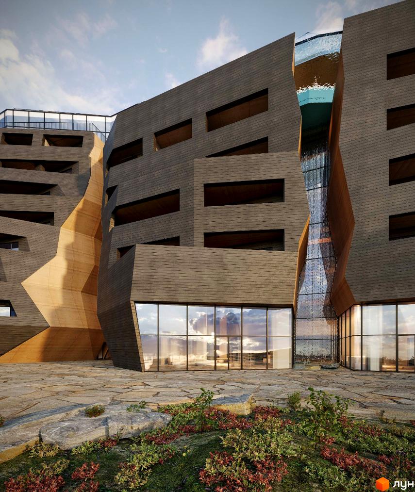 Будівельний проєкт AL'PAKI з унікальною фасадною архітектурою та скляним елементом, що виходить на кам'яний двір з ландшафтним дизайном.