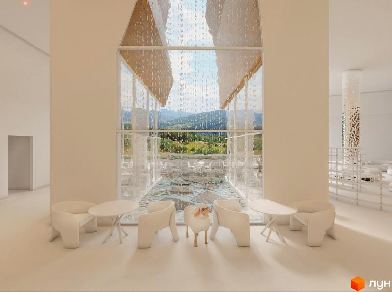 AL'PAKI - житловий комплекс з панорамним вікном, що виходить на зелені гори та водойму з водоспадом. Інтер'єр виконаний у мінімалістичному стилі з білими меблями.