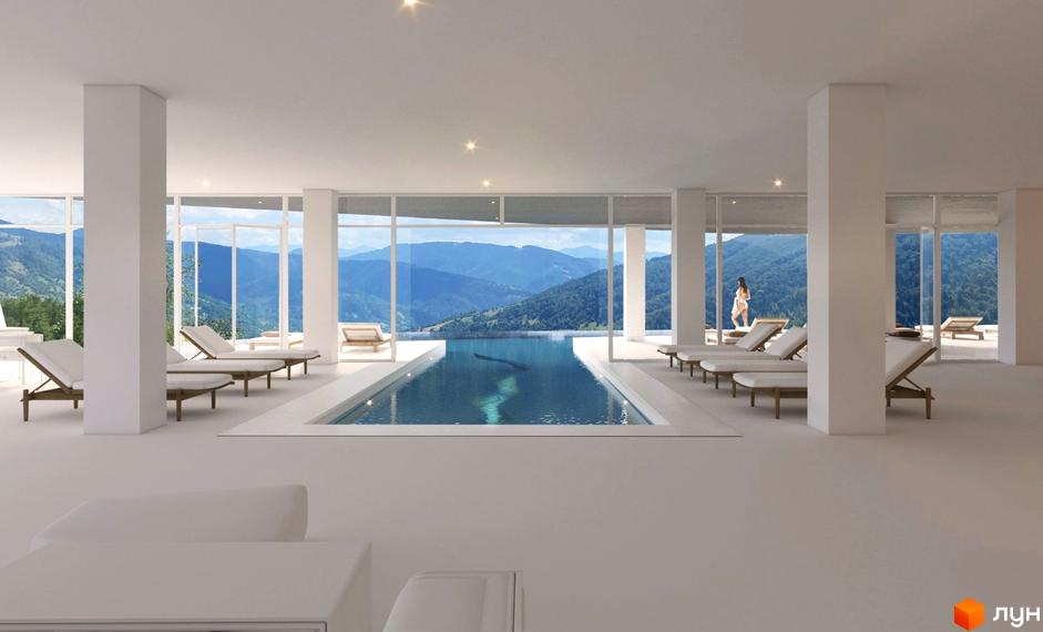 Просторий басейн з шезлонгами та панорамним видом на гори в житловому комплексі AL'PAKI. Відкрийте для себе комфорт та спокій серед природи.
