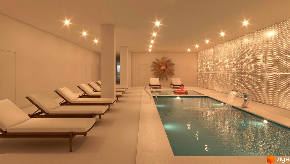 Басейн з водоспадом та шезлонгами в житловому комплексі AL'PAKI. Відпочинок біля води в новобудові.