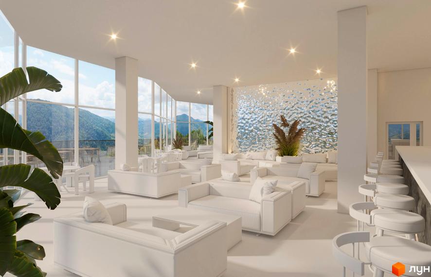Просторий лобі житлового комплексу AL'PAKI з панорамними вікнами та гірським краєвидом. Сучасні білі меблі створюють атмосферу спокою та розкоші.