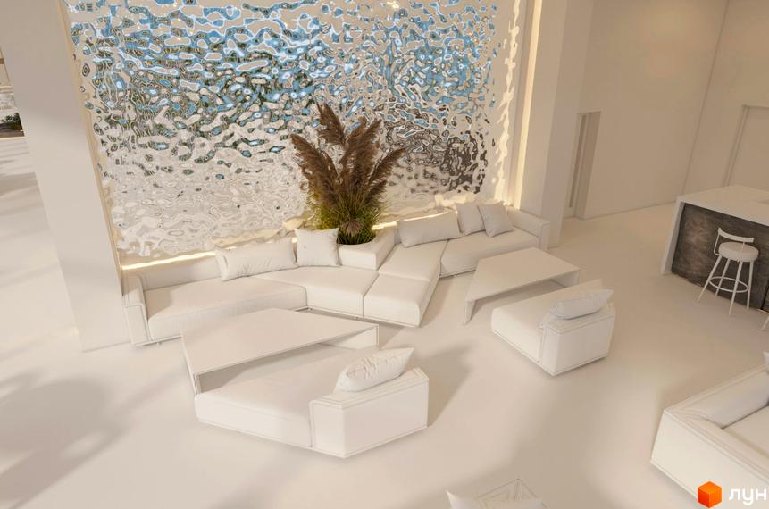 Сучасний дизайн вітальні з білими диванами та кавовими столиками на фоні декоративної стіни з ефектом води. Проєкт AL'PAKI.