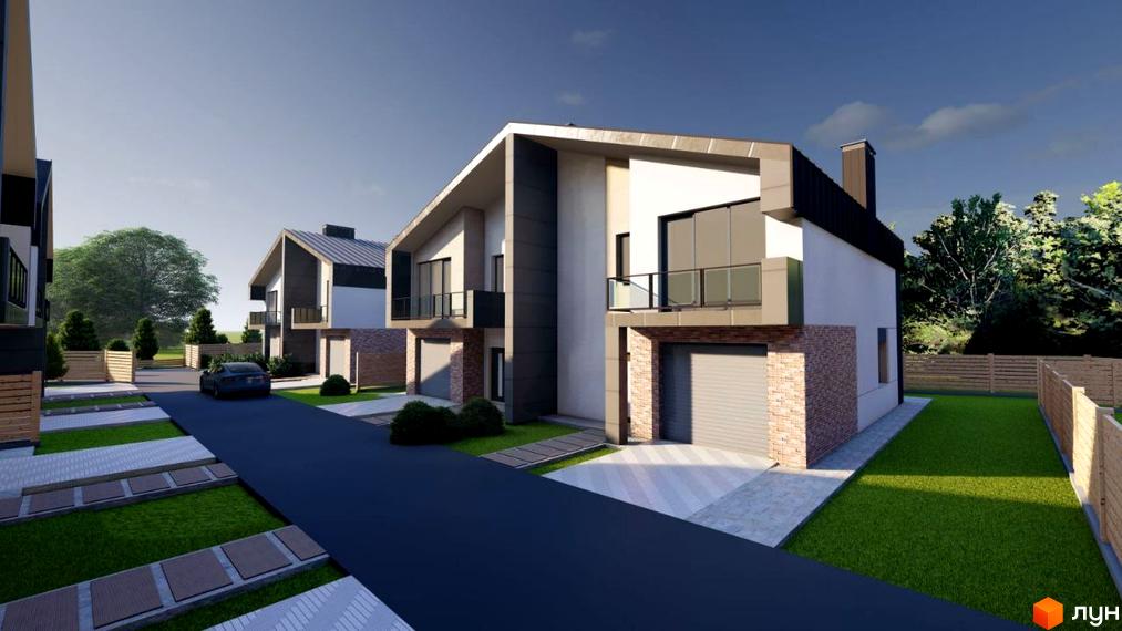 Котеджне містечко OSOKOR: фасади будинків з гаражами та балконами, доглянута прибудинкова територія з газоном та парканом.