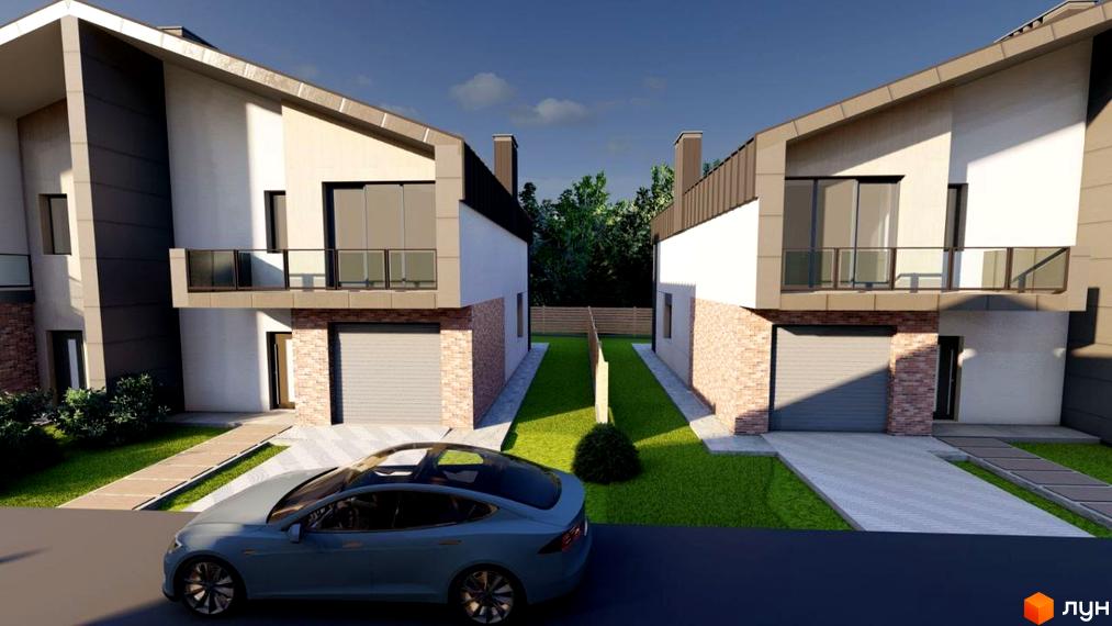 Котеджне містечко КМ OSOKOR – це двоповерхові будинки з гаражами та балконами, розташовані на доглянутій прибудинковій території з газоном та доріжками. На передньому плані зображено сірий автомобіль.