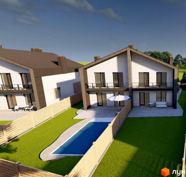 Котеджне містечко OSOKOR: двоповерхові будинки з коричневими дахами, балконами та басейном на території. Навколо будівель зелена галявина та дерев'яний паркан.