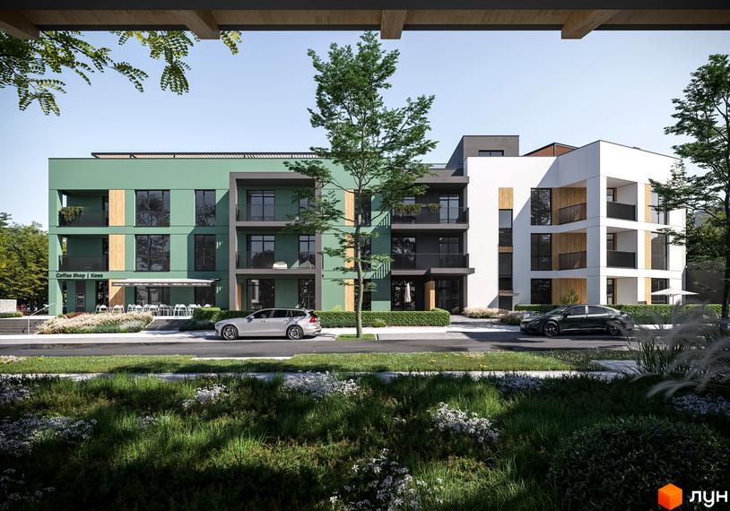 Житловий комплекс SMART & GREEN з фасадами зеленого та білого кольорів, балконами та терасами, розташований біля дороги з автомобілями та зеленою зоною.