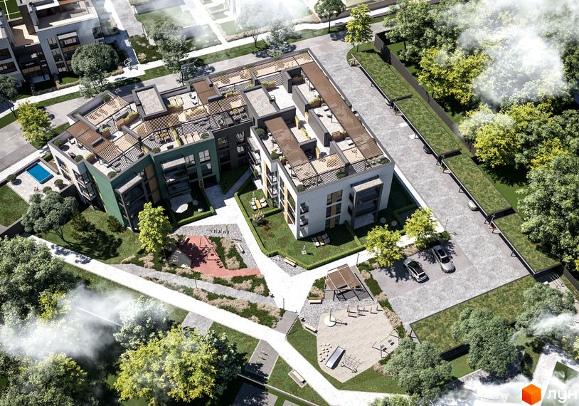 Зображення Житлового комплексу SMART & GREEN з виглядом на будівлю та прибудинкову територію з дитячим майданчиком.