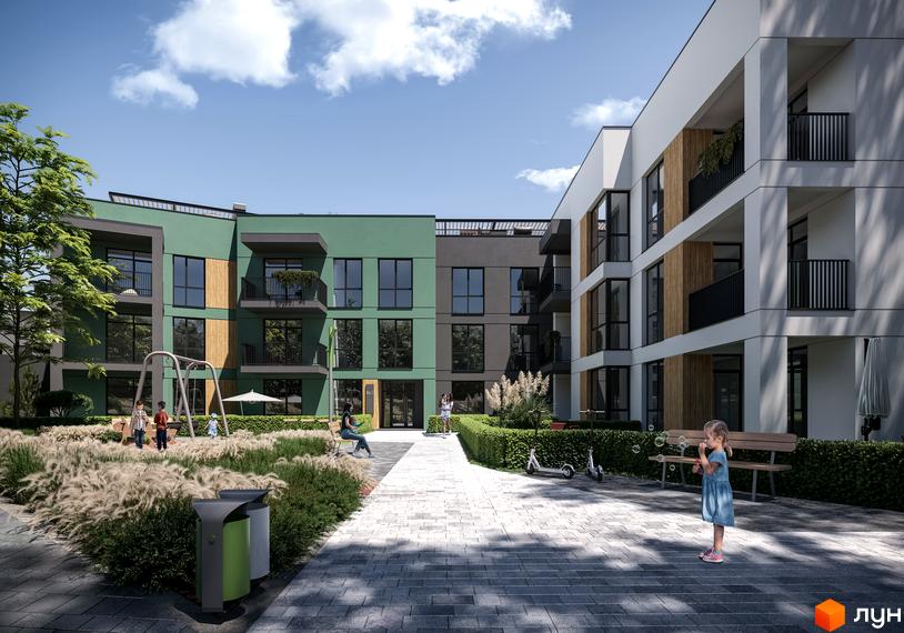 Зображення фасаду та подвір'я Житлового комплексу SMART & GREEN. На території є дитячий майданчик, лавочки та багато зелені.
