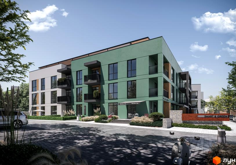 Будинок SMART & GREEN з зеленим фасадом та балконами, поруч парковка з автомобілем та скутером.