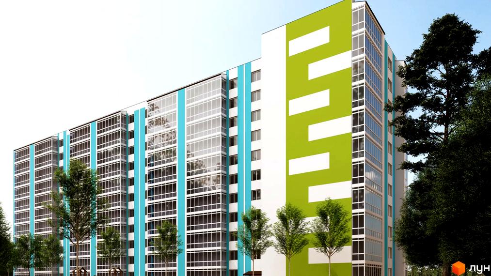Житловий комплекс Західна Вежа: багатоповерховий будинок з яскраво-зеленим та бірюзовим фасадом. Навколо ростуть дерева.