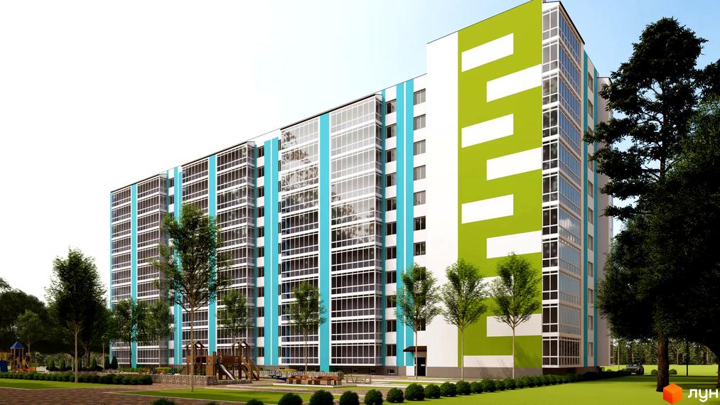 Житловий комплекс Західна Вежа: багатоповерховий будинок з білим, блакитним та салатовим фасадом, поруч дитячий майданчик та зелені насадження.