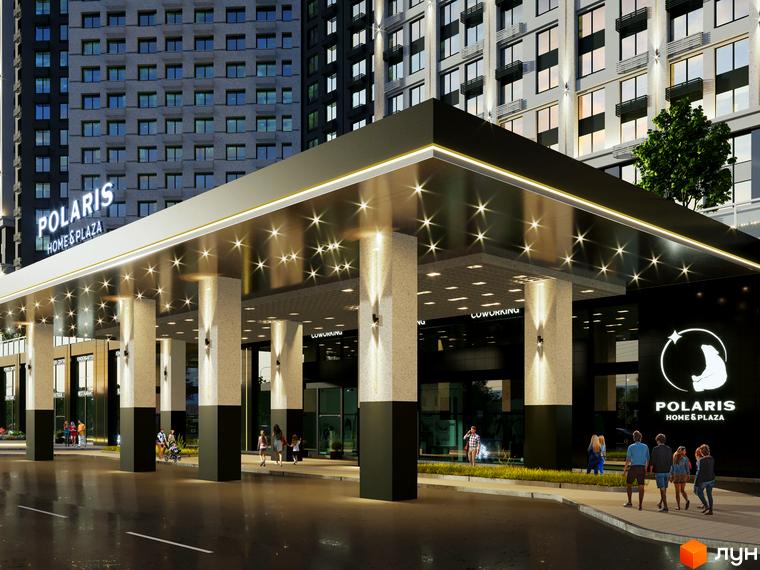 Фасад житлового комплексу POLARIS Home&Plaza з великим вхідним навісом та колонами. Перед будівлею розташована дорога та тротуар з людьми.