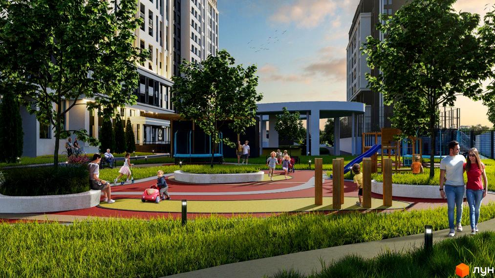 Зображення прибудинкової території Житлового комплексу POLARIS Home&Plaza з дитячим майданчиком та газонами.