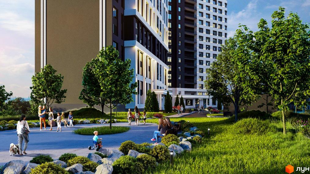 Зображення фасаду і прибудинкової території Житлового комплексу POLARIS Home&Plaza. На подвір'ї гуляють люди, ростуть дерева та кущі.