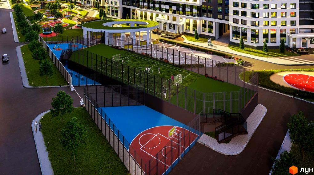 Житловий комплекс POLARIS Home&Plaza: багатоповерхові будинки з великими вікнами, спортивними та дитячими майданчиками.